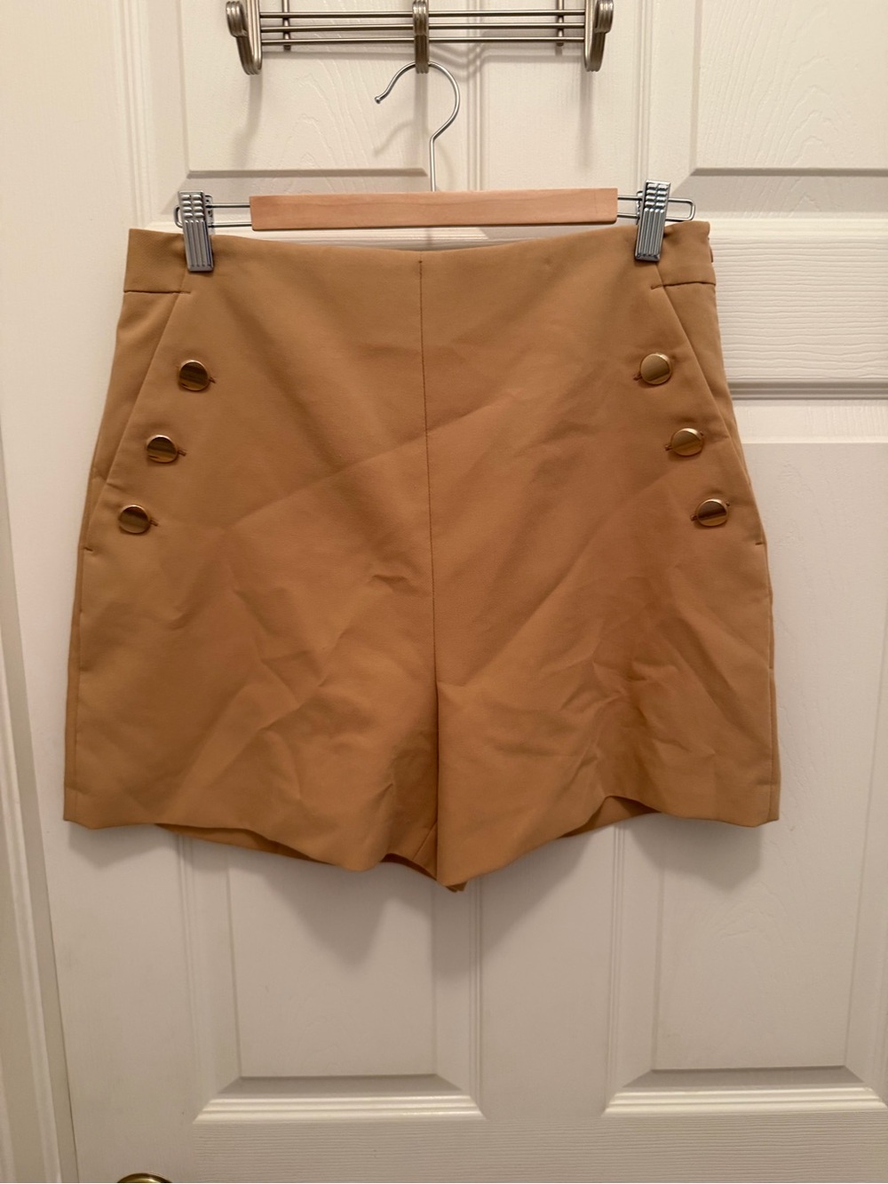 Zara Tan High-Waist Shorts with Gold Buttons